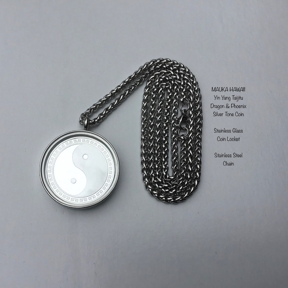 Yin Yang Taijitu Silver Tone Coin & Glass Stainless Locket 60cm Stainless Chain - Picture 3 of 10